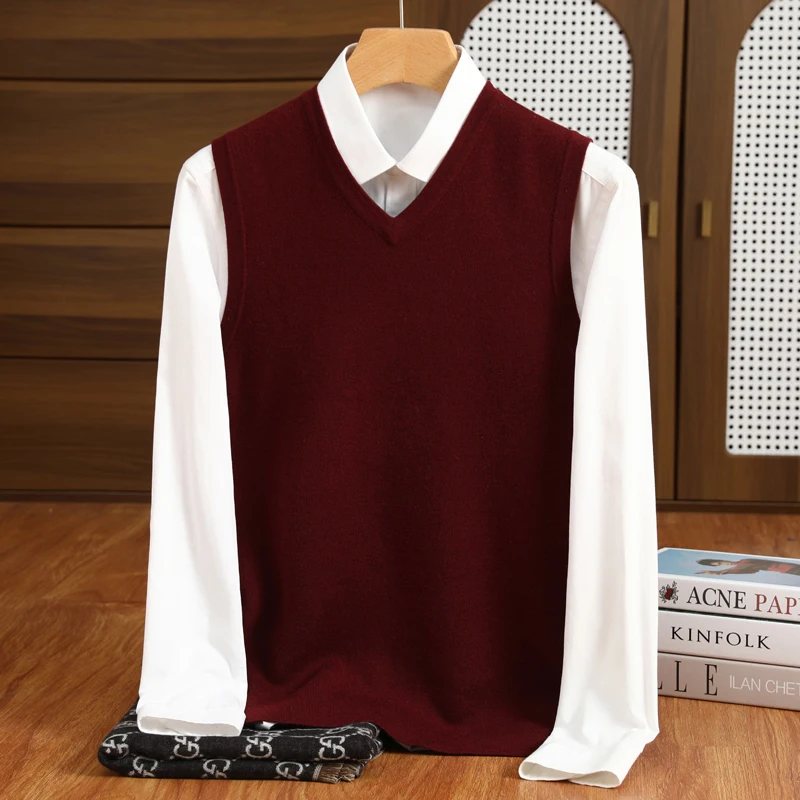 2025 New Men's knitted Business Vest Australia Pure Wool Pullover Sweater Casual High-quality Solid Color V-Neck Loose Tops