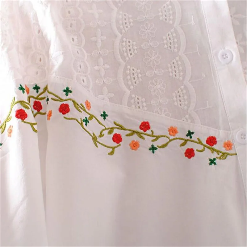 Pure Cotton Ladies Shirt Vintage Embroidered Blouses For Women White Top National Summer Clothes Laple Cardigan Female Shirt