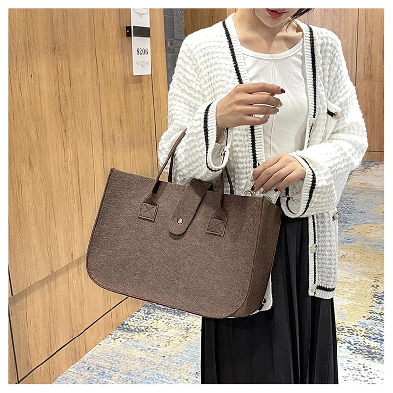 

Large Capacity Tote Bag Women's Handbag Korean Retro Solid Color Square Felt Handle Bag Females Shopping Bag Messenger Tote