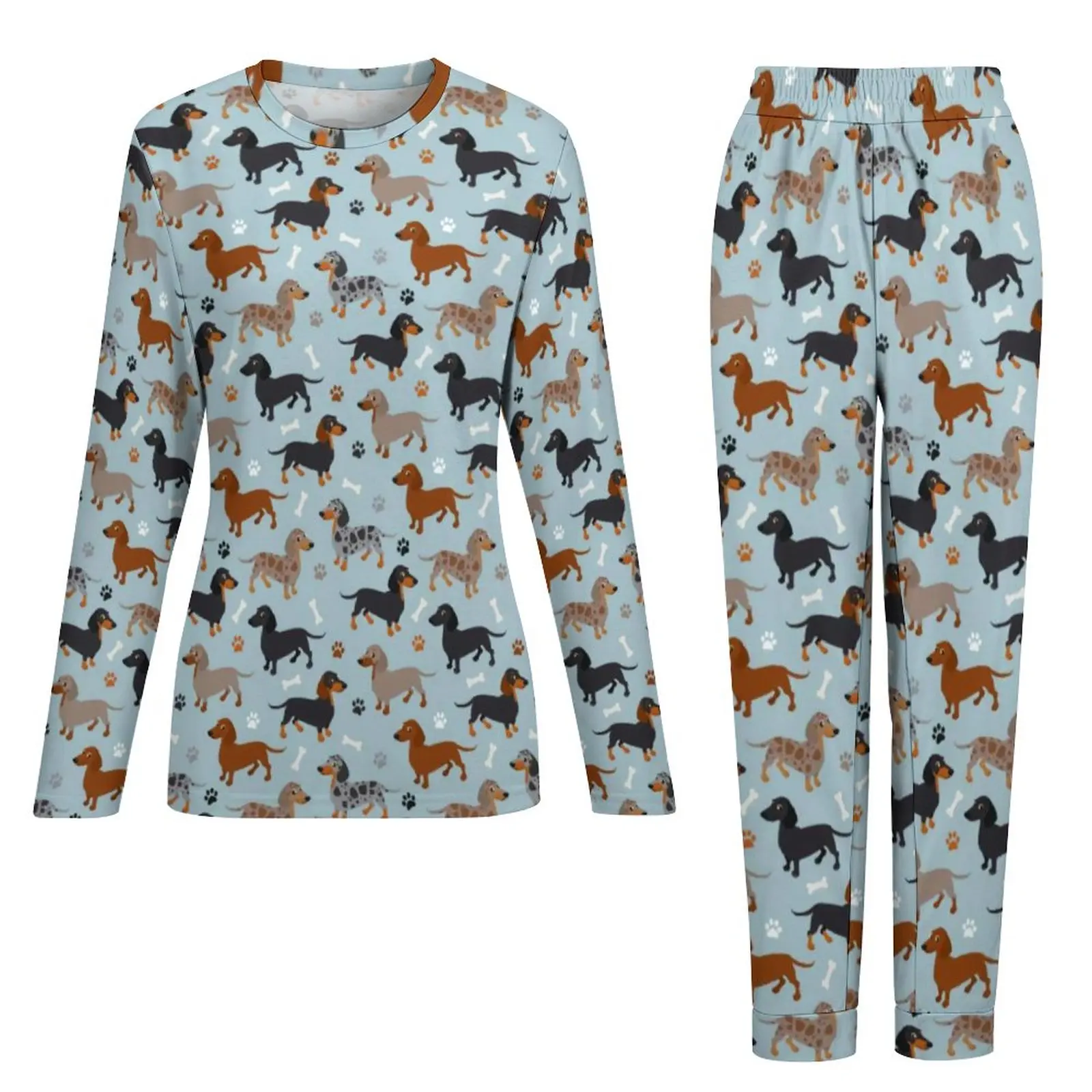 Dog Print Pajamas Female Dachshund Paws and Bones Soft Home Suit 2 Pieces Night Oversize Pajama Sets