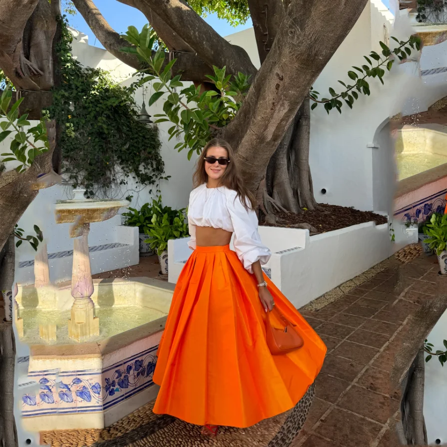 

Bright Orange Color Party Wear A Line Maxi Skirt Women Satin Pleated Skirt A Line Custom Made Long Skirt Woman