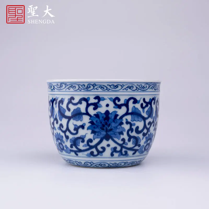 |grass edge decoration blue and white twig Baoxiang pattern lying foot cup pure hand-painted Jingdezhen Kung Fu tea cup