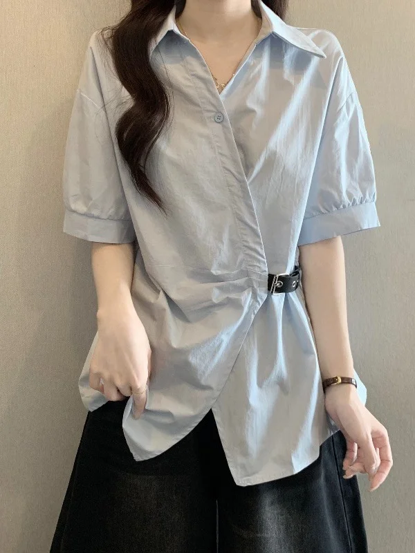 

Light Blue V-Neck Short Sleeve Shirt Women's plus Size Spring Summer New Style Casual Loose Fit Regular Shoulder Line Top