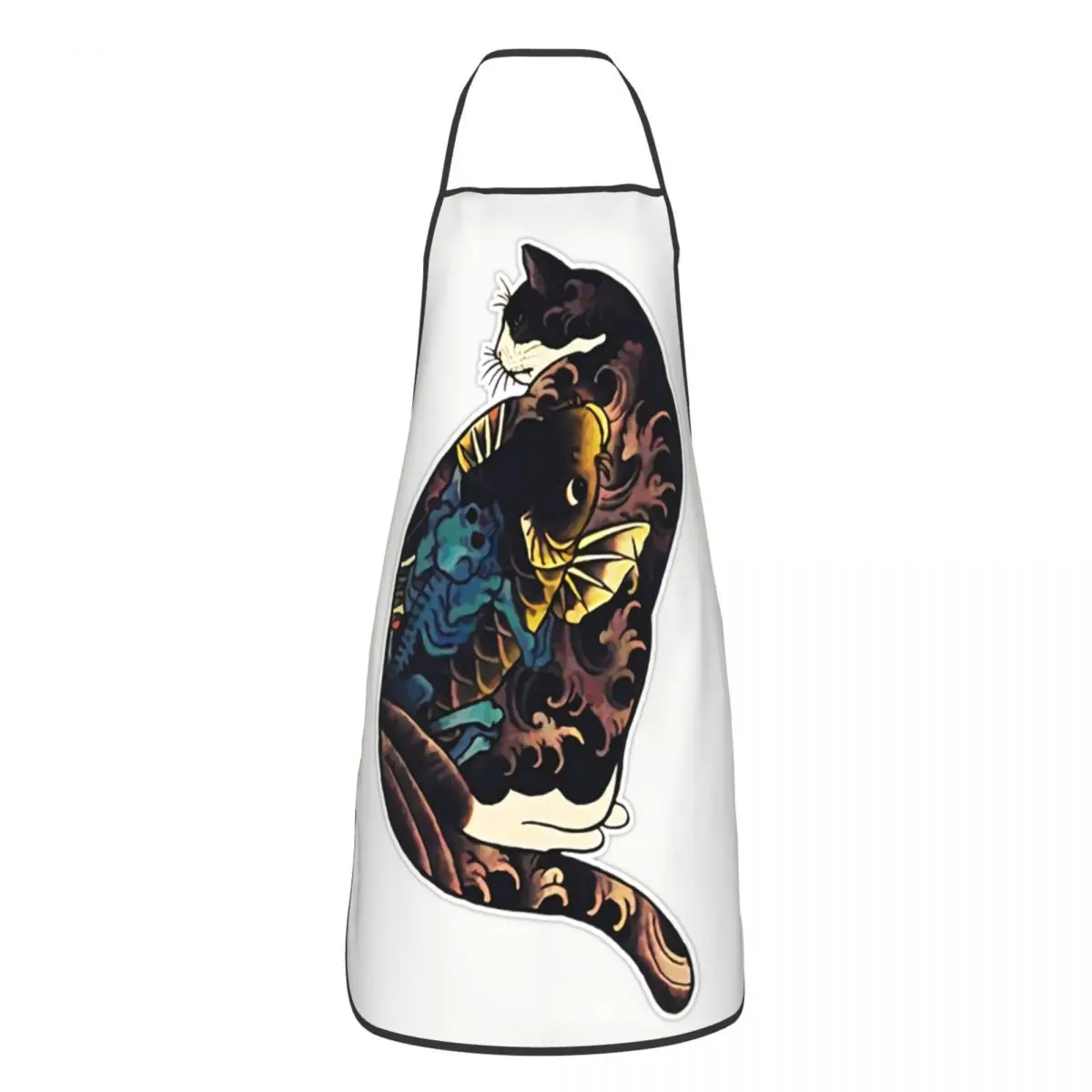 Custom Unisex Cat With Flower, Skull And Fish Tattoos Kitchen Chef Cooking Baking Apron Women Men Tablier Cuisine for Painting