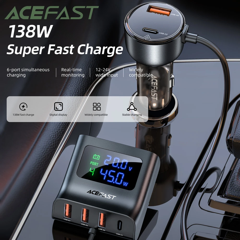 

ACEFAST B11 138W 6 Ports Car Charger Splitter with Digital Display QC PD USB Car Chagrer 30W Quick Charging For iPhone 16/15/14