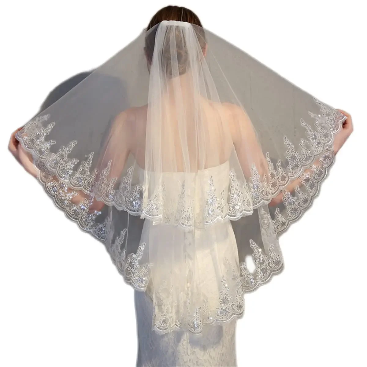 

Women's Wedding Two Tier 2T Fingertip Elbow Embroidered Lace for Bride Headpiece Sequin Veil 2023