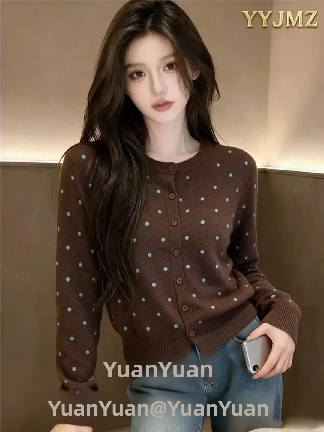 Women's Knitted Long Sleeve Cardigan Button Slim Fit Brown Sweater Outerwear Soft Polyester Fiber Autumn New Style Design Dot...
