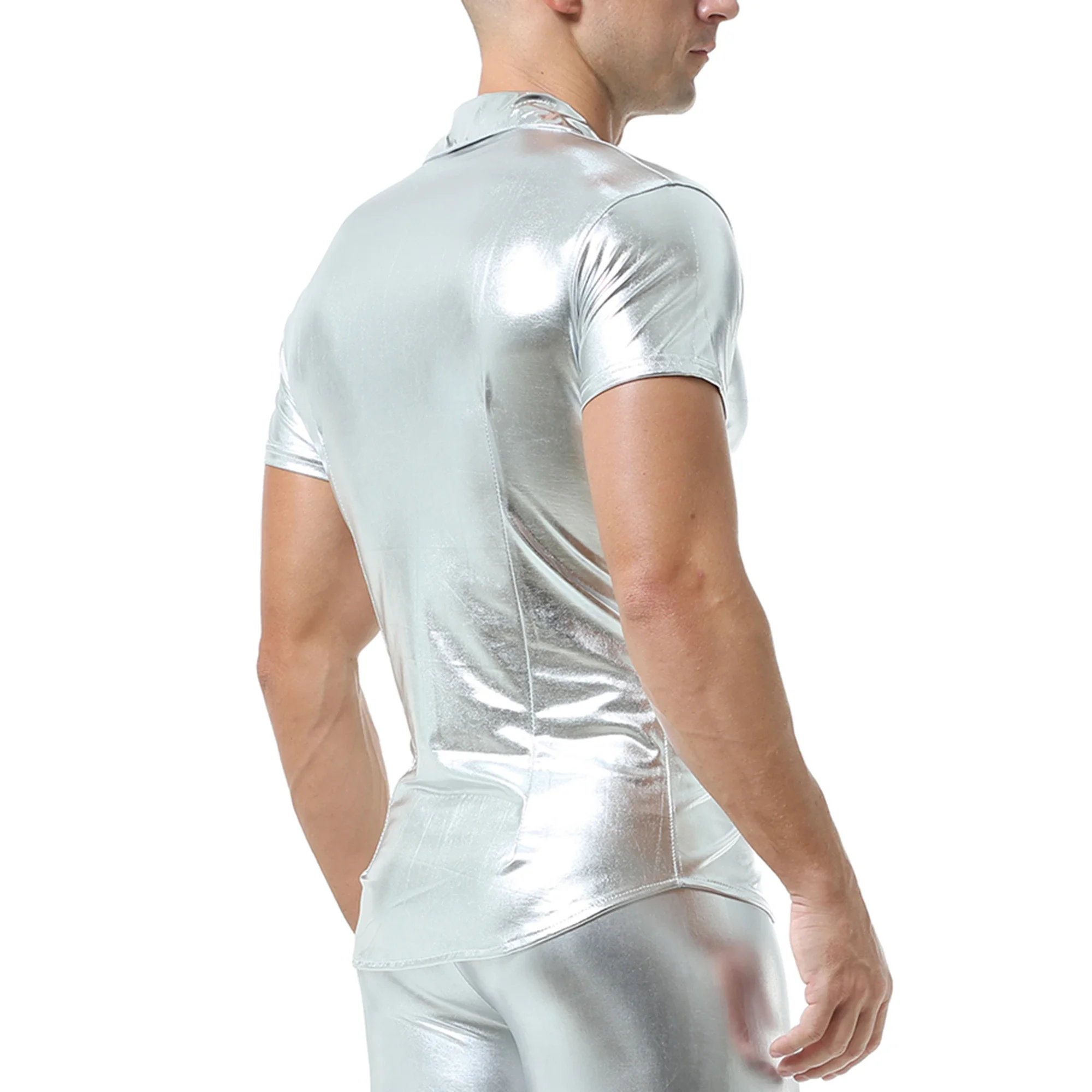 Men's Sexy Skinny Leather Shirts Short Sleeve Fashion PU Leather T-Shirts Male Turn Down Collar Button Shirt Stage Show Costume