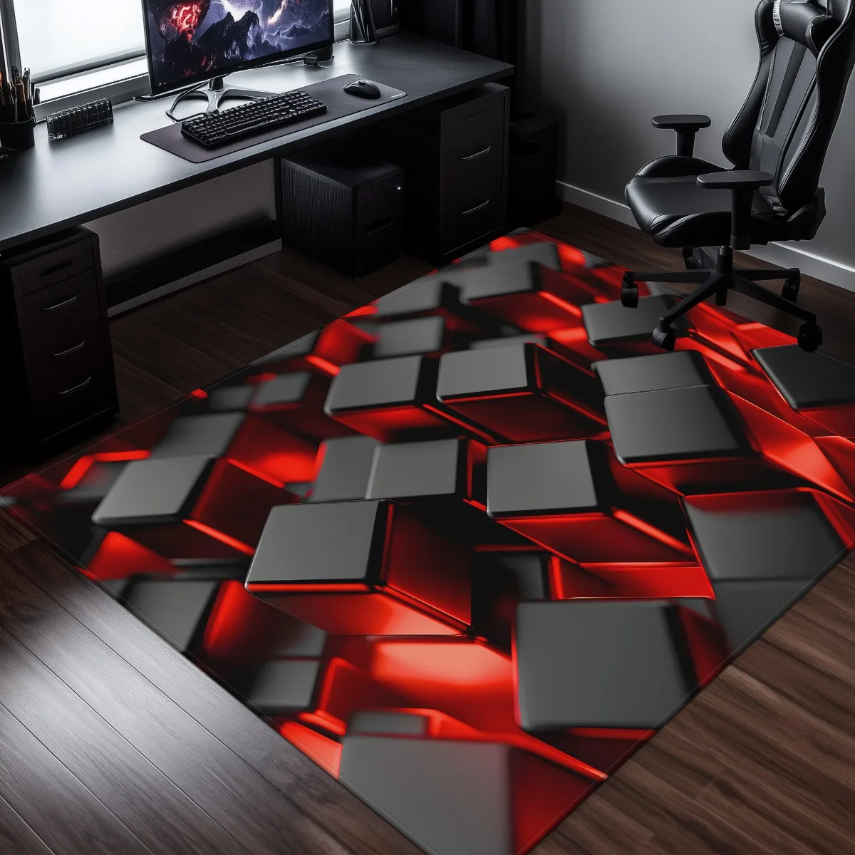 Red Black 3D Cube Pattern Non-slip Washable Polyester Mat Multi-Use for Bathroom Kitchen Bedroom Living Room Camping Yoga