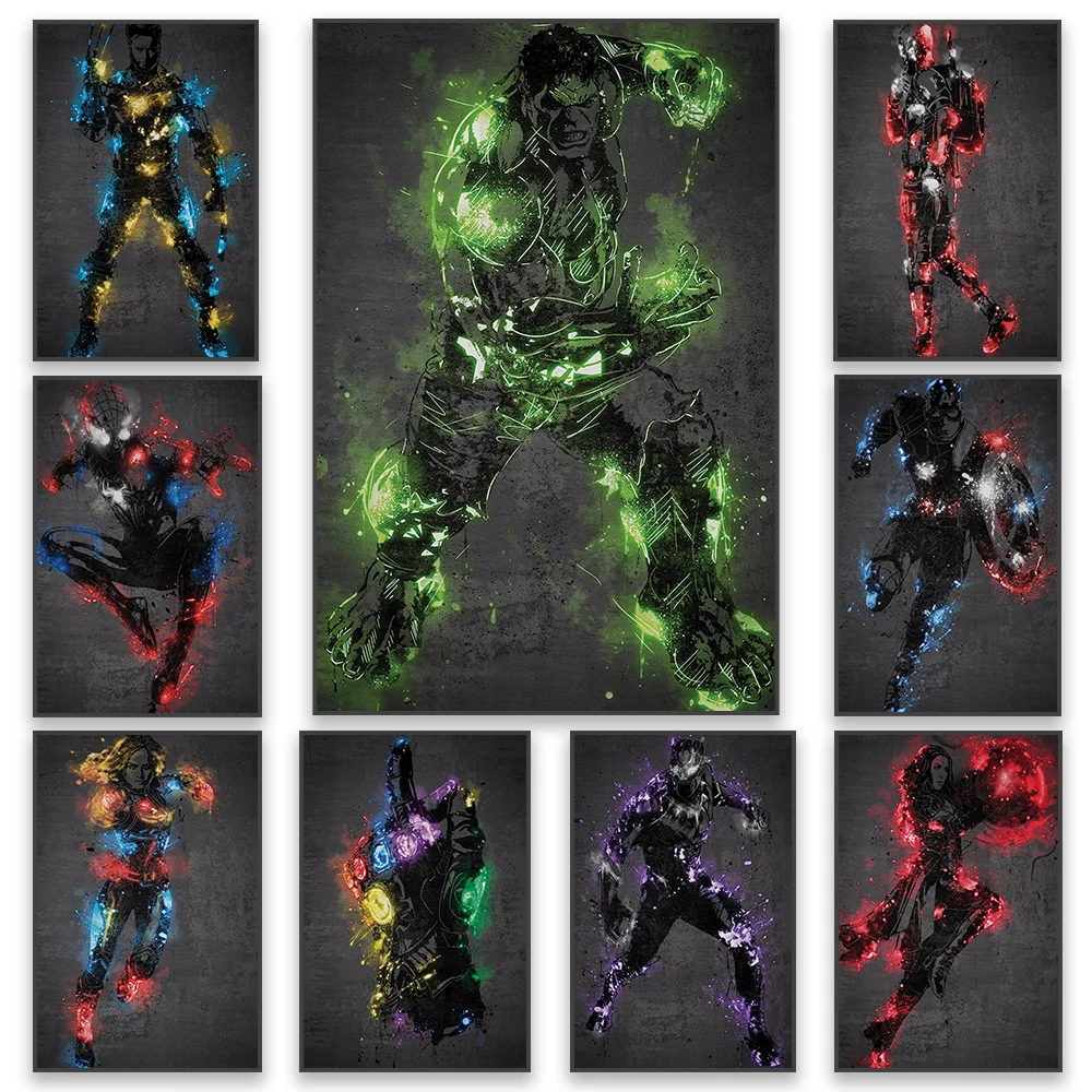 Hulk Neon Splash Poster Spider Man Disney Superhero Comics Prints Deadpool Wolverine Canvas Painting Home Decor Man Bedroom Gift