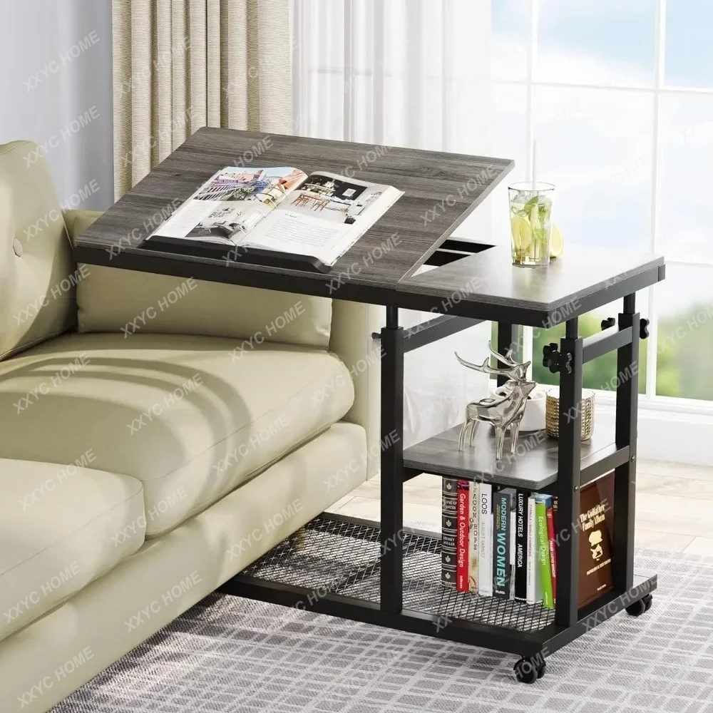 Height Adjustable End Table with Wheels and Tiltable Drawing Board, Sofa Bedside Laptop Stand, Height Adjustable C Table