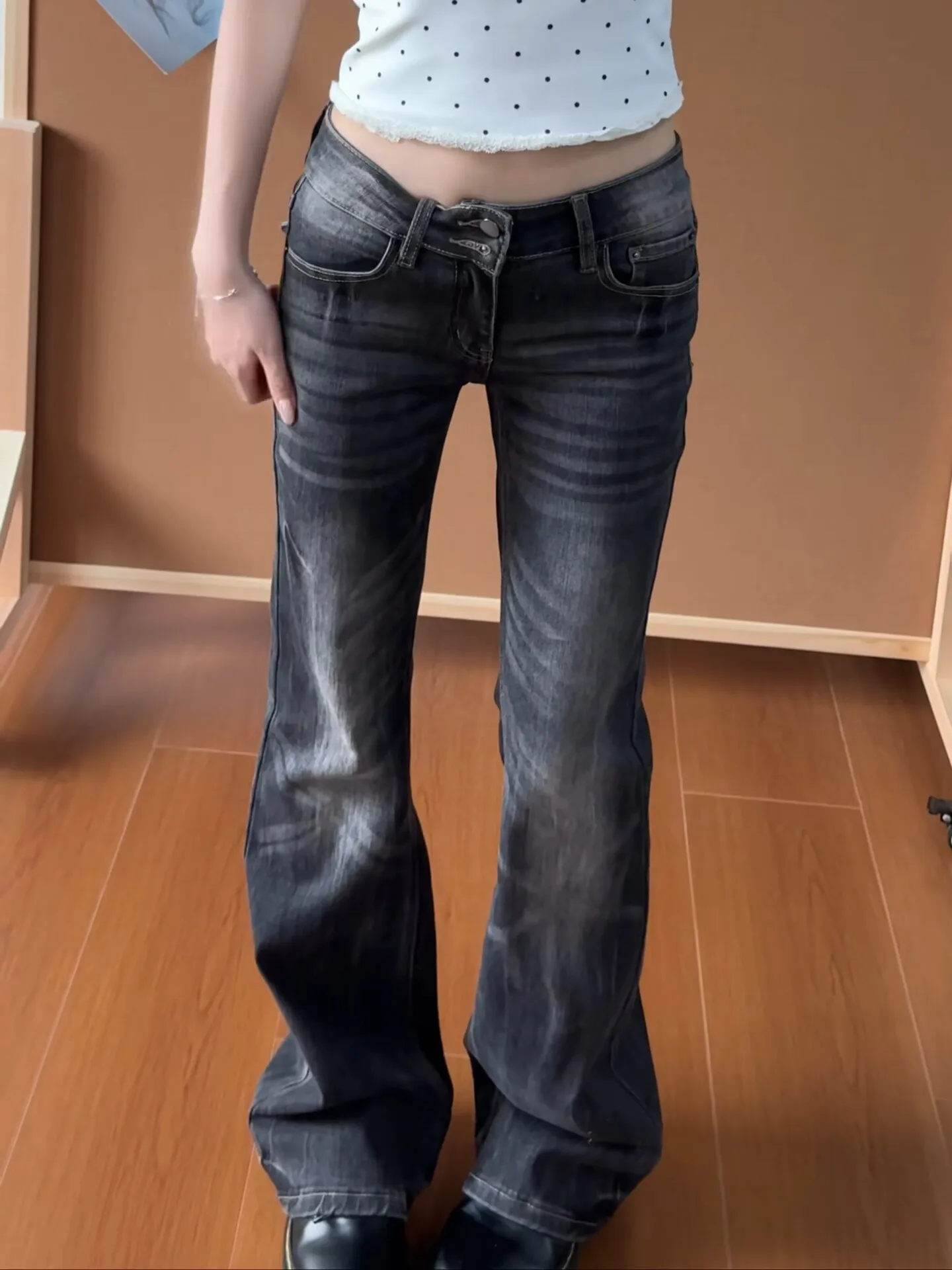 Women Vintage Blue Low Rise Flared Jeans Denim Pants American Retro Slim 90s Bell Bottom Y2k Harajuku Kpop Trousers