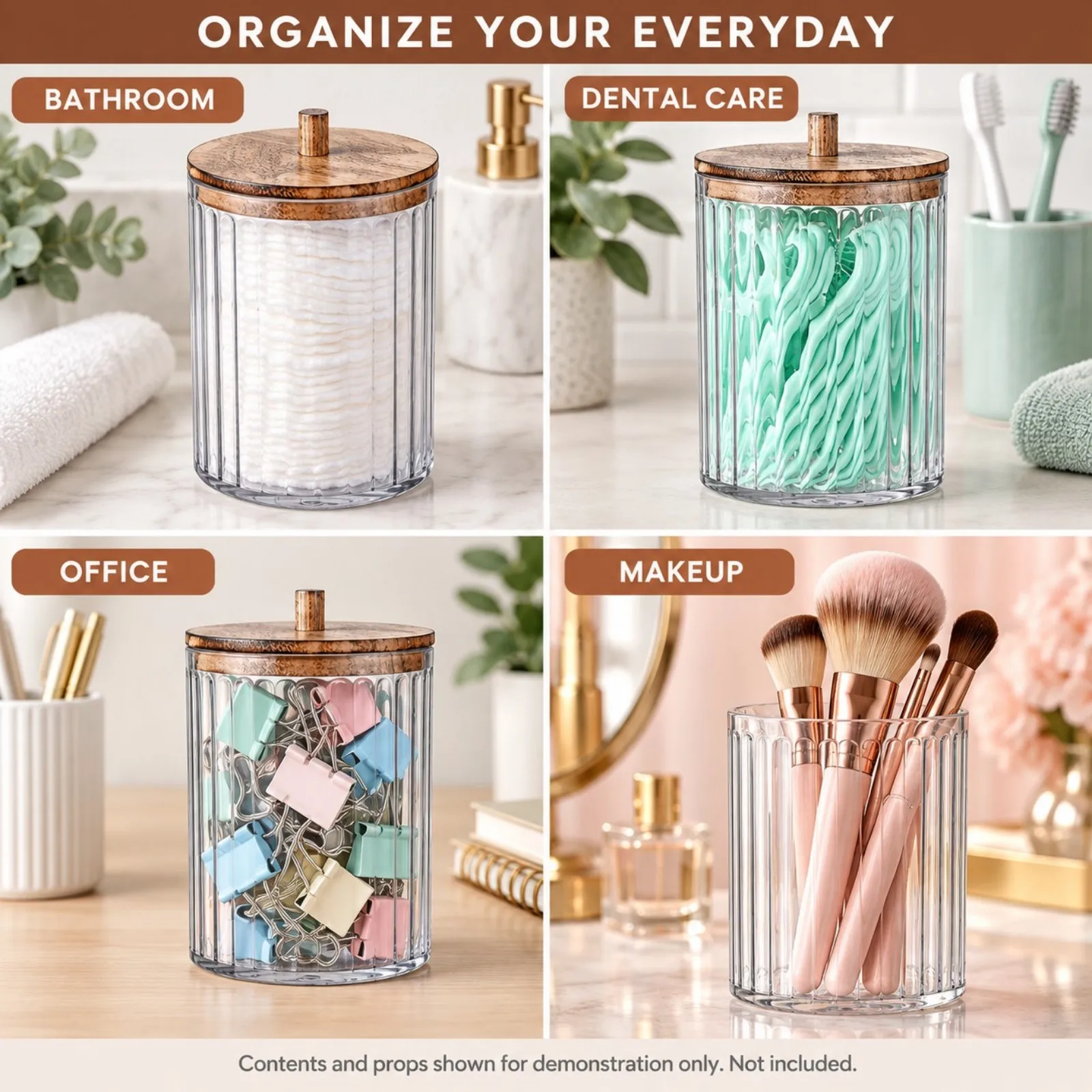 Clear Ribbed Bathroom Organizer Jars with DIY Stickers, 3-Piece Plastic Vanity Containers for Cotton Pads and Small Essentials - view 3