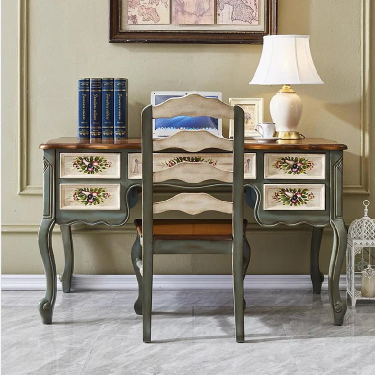 #@American Desk Solid Wood European Vintage Calligraphy Table Living Room Multi-functional Learning Table
