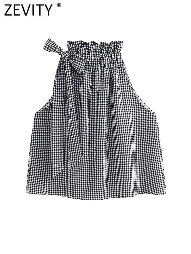 Zevity Women Sweet Sleeveless Plaid Print Drawstring Lace Up Bow Vest Blouses Lady Chic Ruffles Casual Shirt Blusas Tops LS325