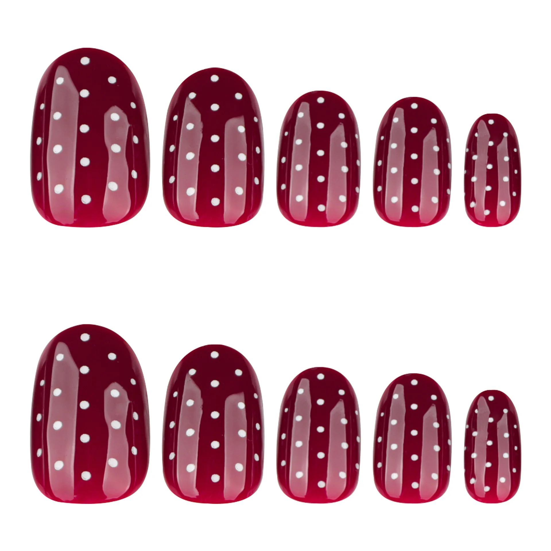 24 Uds. De uñas postizas redondas cortas rojas con estampado de puntos blancos, uñas postizas desmontables europeas para Otoño e Invierno