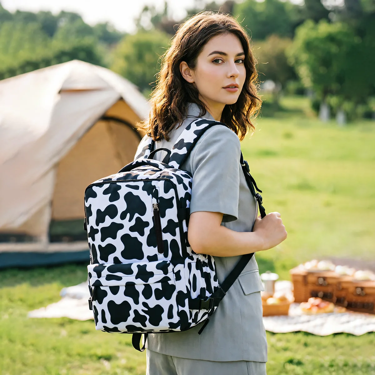 European and American Style Large-Capacity Backpack with Independent Shoe Compartment, Cow Pattern Backpack for Female College Students, 16inch Computer Backpack