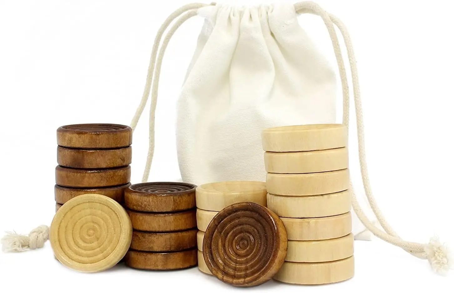 

Classic Stackable Wooden Checkers in Natural Wood Color (24 Pieces); with Drawstring Cloth Storage Bag, 1 1/8 Inch