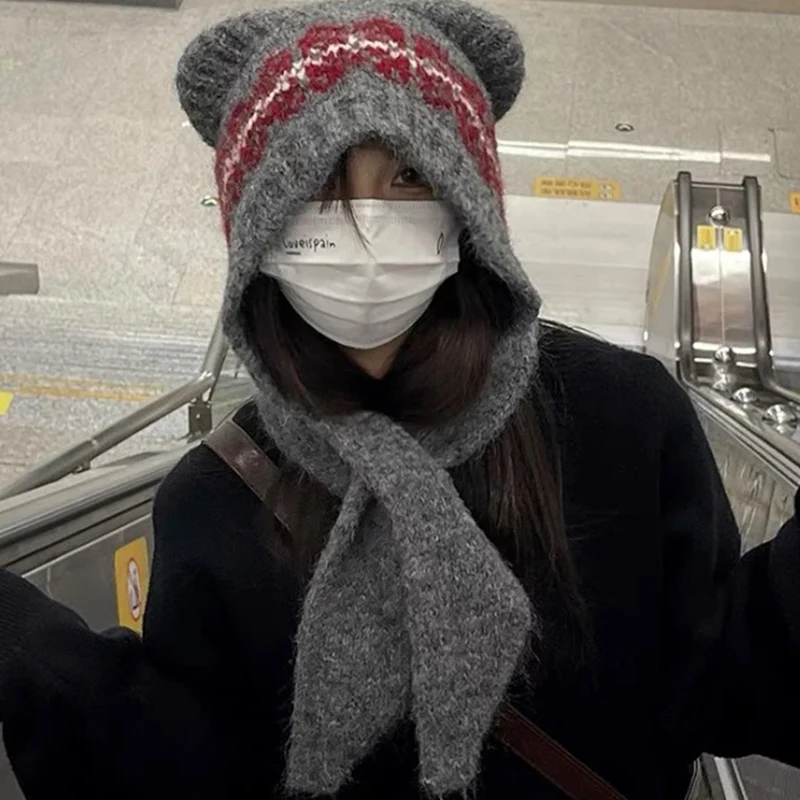 Gorro con bufanda tejida de oso bonito para mujer, gorro con protección para los oídos, pasamontañas cálido para invierno, pañuelo de lana, gorros con capucha para niñas