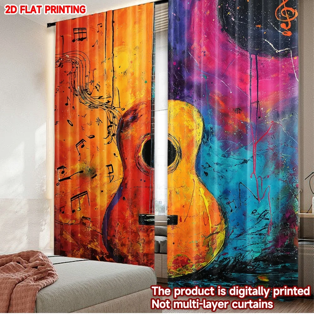 

2D flat printing 2pcs Window Curtains Colorful Musical Vibes Digital Printed Polyester Drapes Birthday Party for Photo Booths &