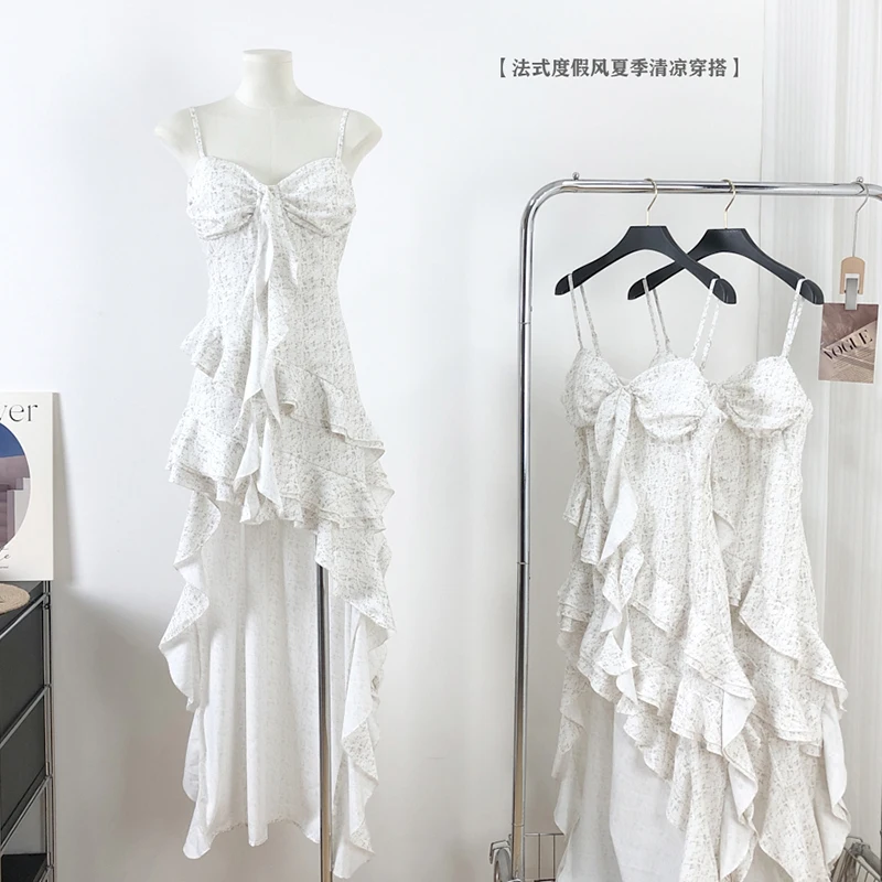 Sukienki letnie damskie w stylu koreańskim, eleganckie sukienki na ramiączkach spaghetti, sukienki imprezowe z nadrukiem, długie sukienki plażowe, asymetryczne sukienki letnie.