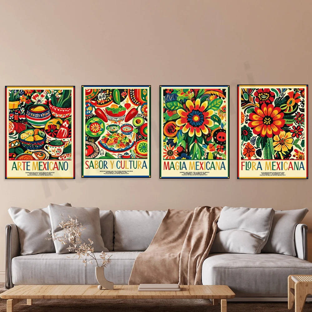 Colorful florals, Mexican food, botanical art, Magia Mexicana art print, bold Mexican folk art decorative poster