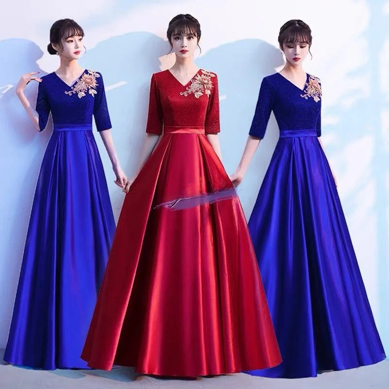 

Новый женский длинный костюм для выступлений: облегающий, красный, для декламации песен, ведущих, хоровых выступлений и торжественных мероприятий