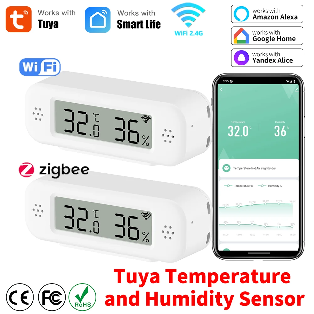 Tuya Zigbee /WiFi Temperature Humidity Sensor For Smart Home Thermometer Hygrometer APP Remote Work with Google Assistant Alexa