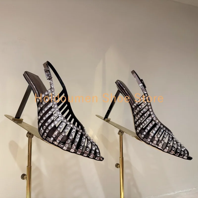 Glittering Hot-Drilled Narrow Band Tailoring Unique Design Stiletto Sandal Sexy V-Shaped Shallow Mouth Pointed Metal Heel Sandal