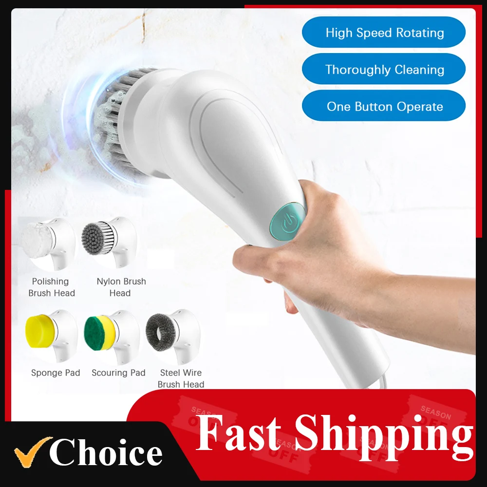 Cordless Electric Cleaning Brush Scrubber Super Power Electric Spin Cleaner And 5 Replaceable Shower Clean Brush Heads Universal