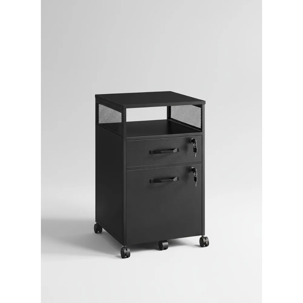 خزانة ملفات متنقلة بعجلات، درجين قابلين للقفل ورف مفتوح لتنظيم المكاتب، أسود