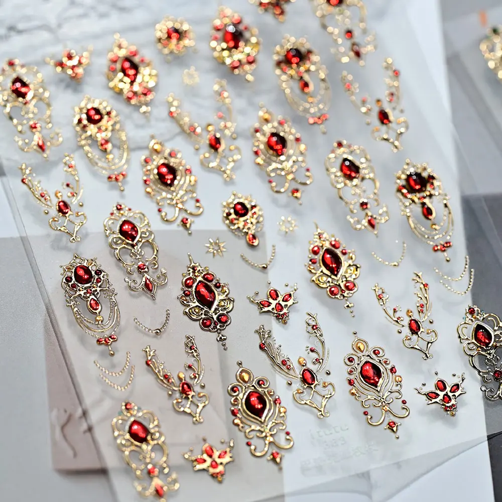 5D تنقش أحجار كريمة من الزمرد مسمار الفن ملصقات فاخرة الإطار الذهبي الباروك زهرة مسمار الشارات الأخضر الراين مستلزمات الأظافر #5