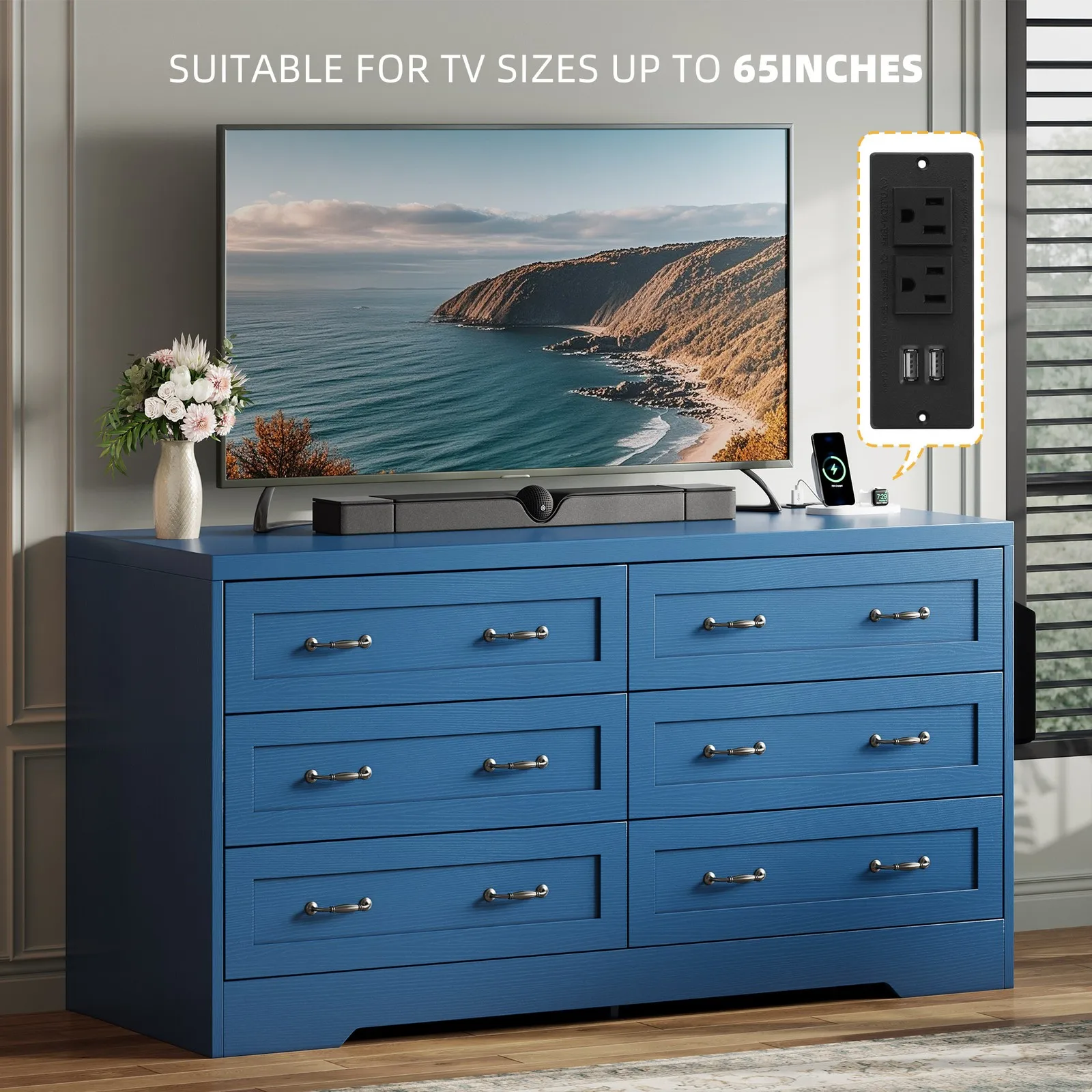 

60 Inch Large 6 Drawers Storage Dresser TV Stand for 65in TVs Chest of Drawers