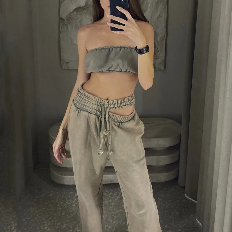 Female Retro Y2K Double Headed Hollow Out Drawstring Fashion Pants Summer 2024 Women's Loose New Casual Straight Tube Trousers