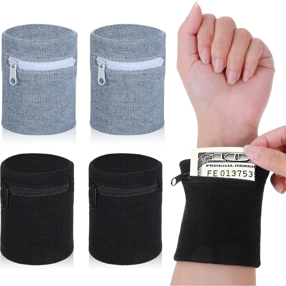 2Pcs Sports Wristband Purse Bag with Zipper Wrist Protection Absorbent Sleeve Towel Band Outdoor Running Travel Bike Key Pocket
