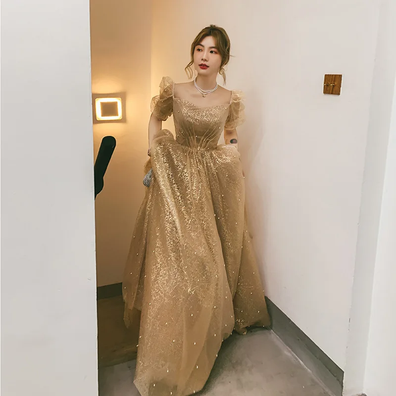 Champagne Evening Dress 2022 Summer New Elegant Square Neck Sequined Princess Puff Sleeves Tulle long Graduation Ceremony Gonws