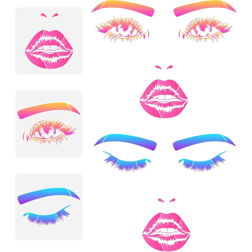 3Pcs Lip Eyes Painting Stencils 11.8x11.8inch Facial Features Stencils Reusable Closed Eye Stencil Mouth Lips Pattern