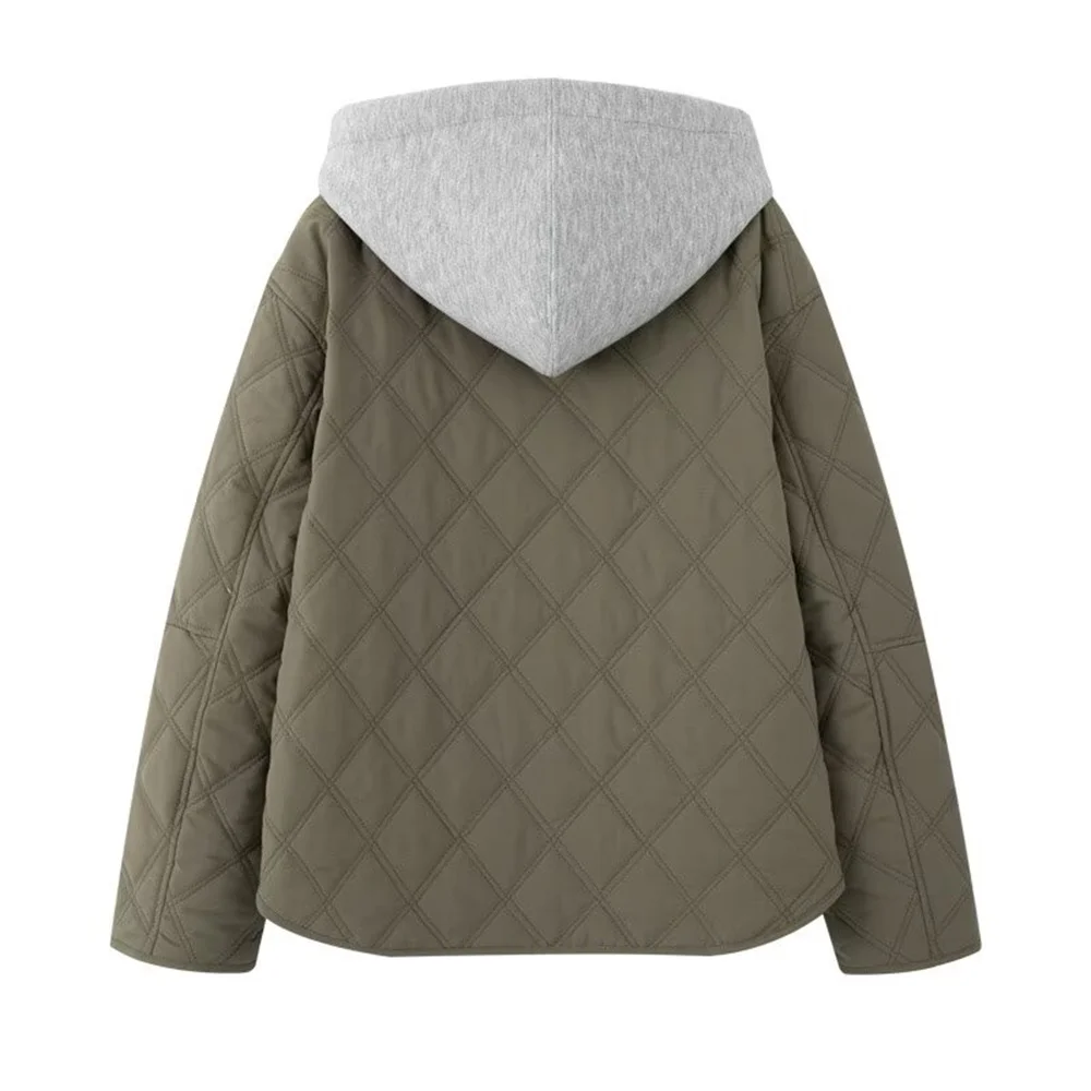 Chaqueta de algodón de manga larga con cuello redondo y capucha desmontable, versátil e informal para mujer