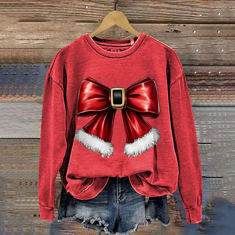 Women\'s Casual Sweatshirt Christmas Bow Print Design Autumn Thin Sweatshirt Girls Christmas Bow Gift Holiday Premium Hoodie