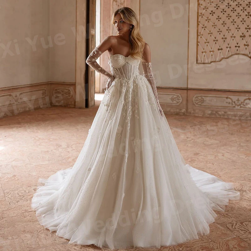 Gracioso uma linha vestidos de casamento feminino apliques rendas vestidos de noiva querida personalizado sem costas sem mangas vestidos de novia