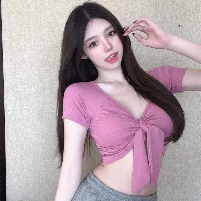 

Summer Crop Tops Y2k Clothes Bow Sexy T-shirts Women Sweet Hot Girls Pure European Streetwear Vintage Футболка Женский Personal