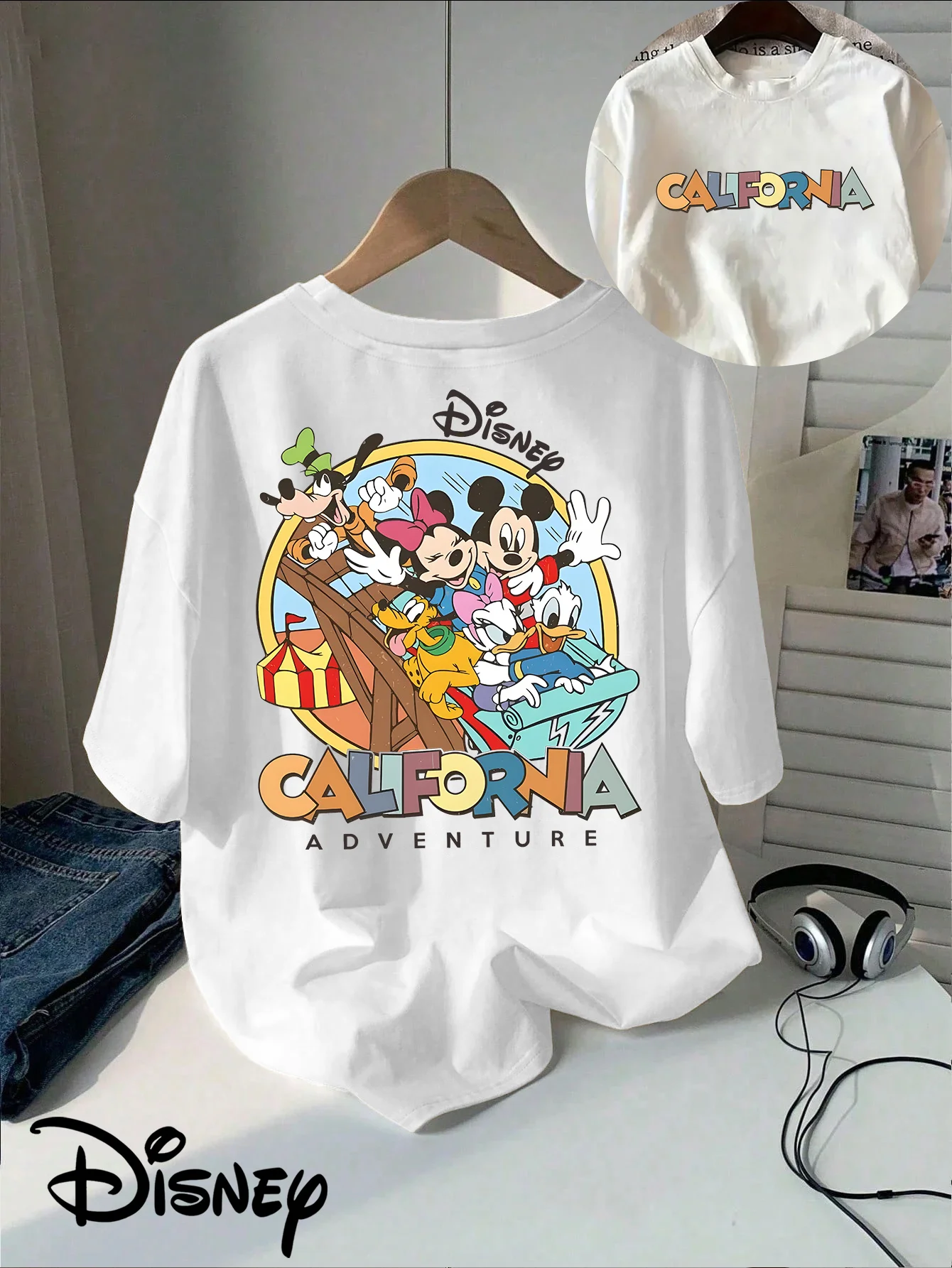 

Classic Cartoon Disney California Theme Park Character Carnival Double sided Printed T-shirt for Men and Women Short Sleeves