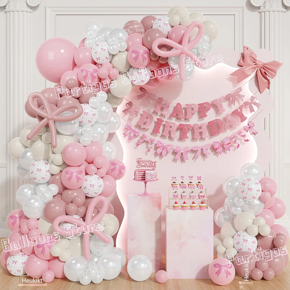 125/147Pcs Pastel Pink Bow Balloon Garland Arch Kit Bow Printed Latex Balloon Bachelorette Butterfly Princess Birthday Decor