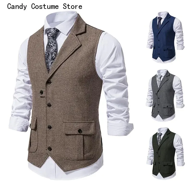 Men's Vintage Brown Vest Spring New Single breasted Suit Vest Brand Formal Coat Turn-down Collar Dress Tuxedo