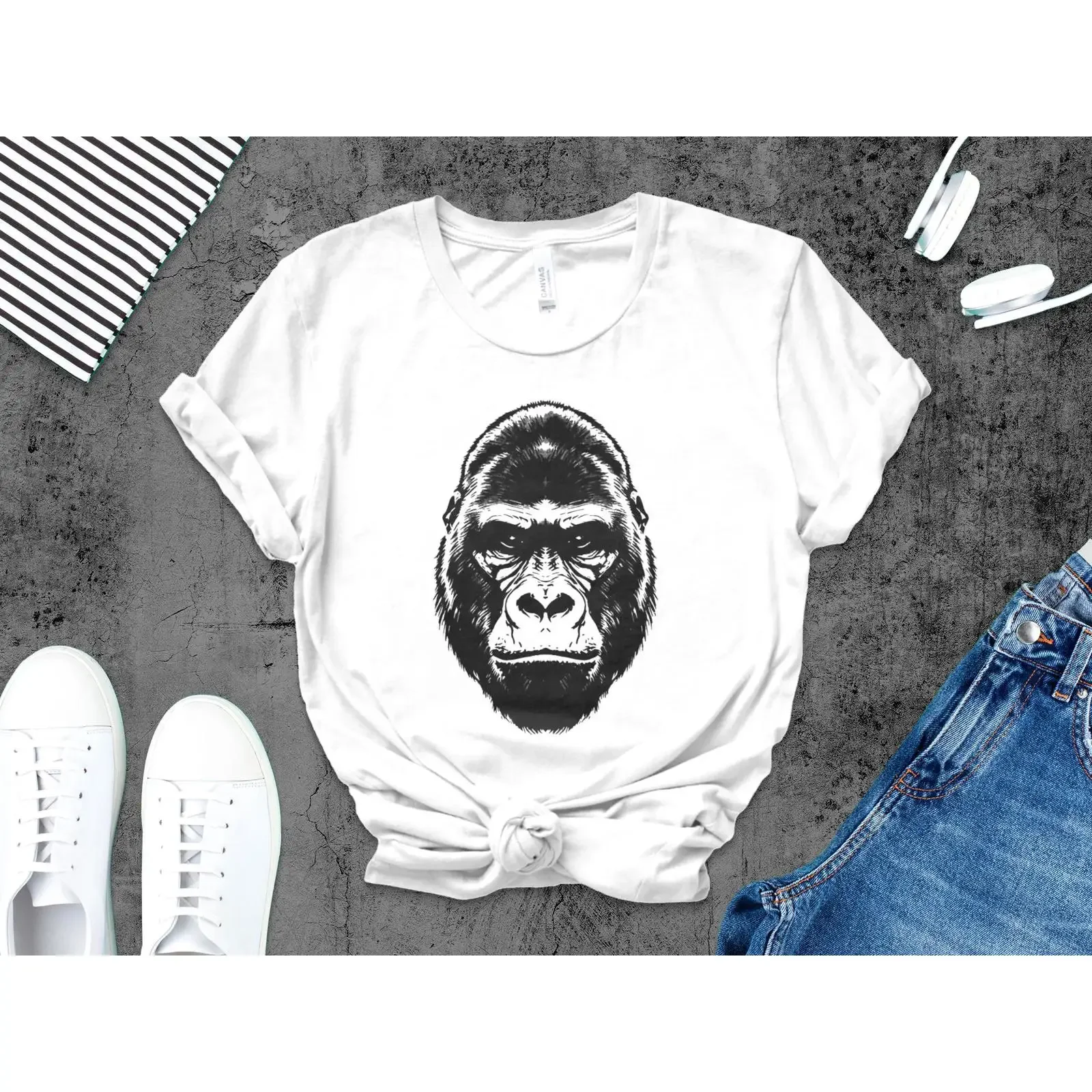 Gorilla Face T Shirt Black Stencil Tattoo Style Ape Head For Lover vintage Washed Soft Comfortable Slightly homme