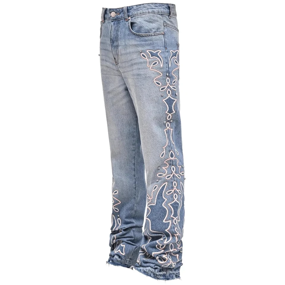 

2026 Spring Autumn New Gradient Wide Leg Unisex Denim Long Pants Fashion Embroidered Men Straight Pants