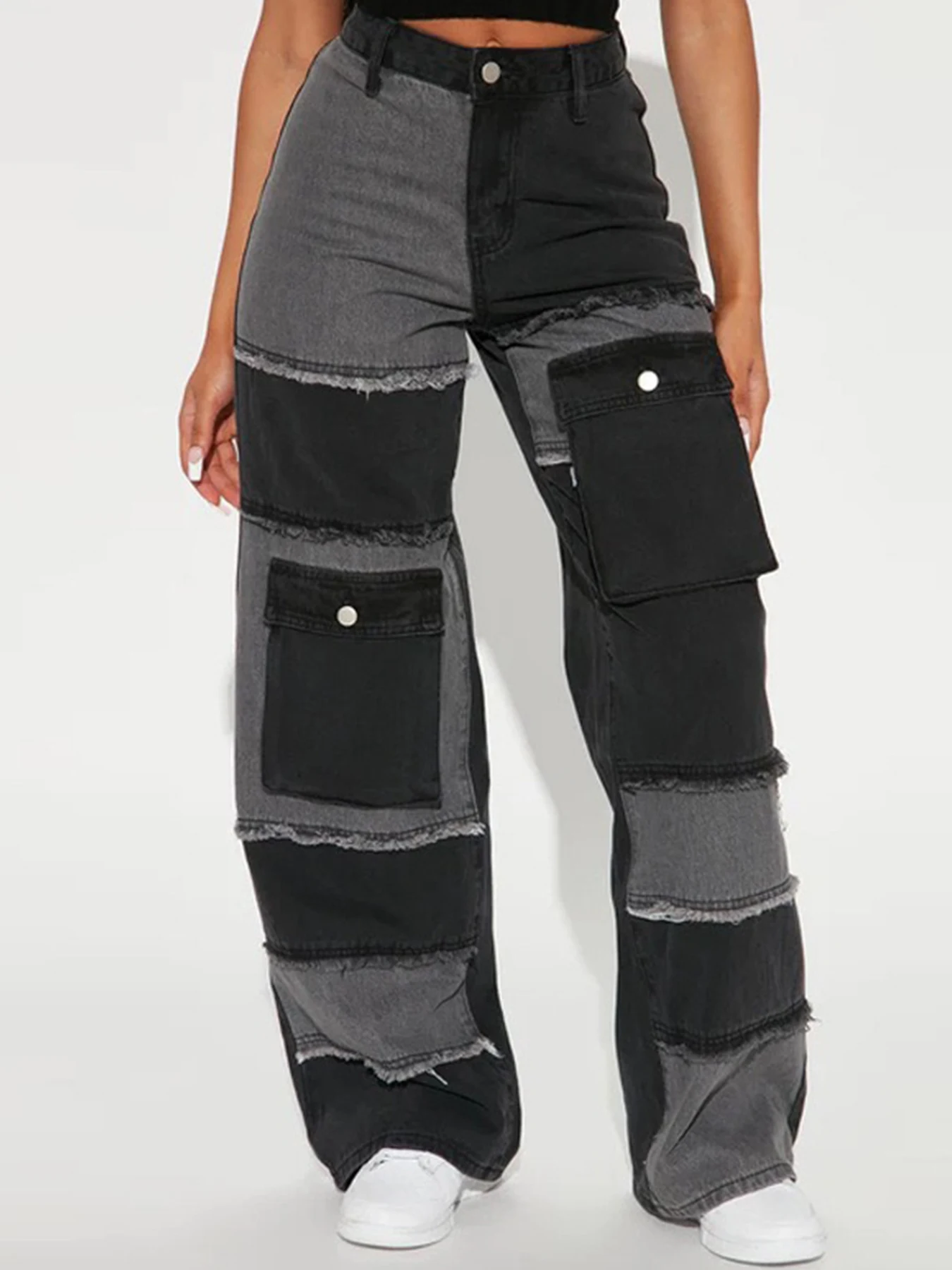 

New Women's High-Waisted Elastic Multi-Pocket Patchwork Jeans, Machine Washable, Street Style, Suitable for Daily Wear