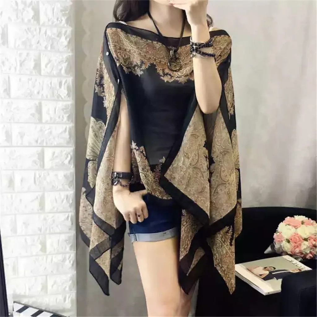 Shawl Fashion Women Beach Dress Batik Size Plus Sun Casual Long Sleeve Grimo Baju Cantik chiffon Silk Women Blouses & Shirts