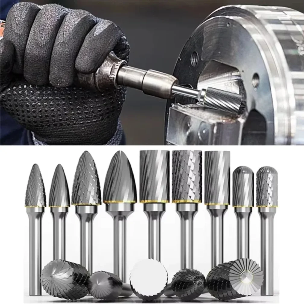10pcs 1/8" Shank Tungsten Carbide Milling Cutter Rotary Tool Burr Diamond Cut Rotary Drill Bit for Metalworking Polishing Tools