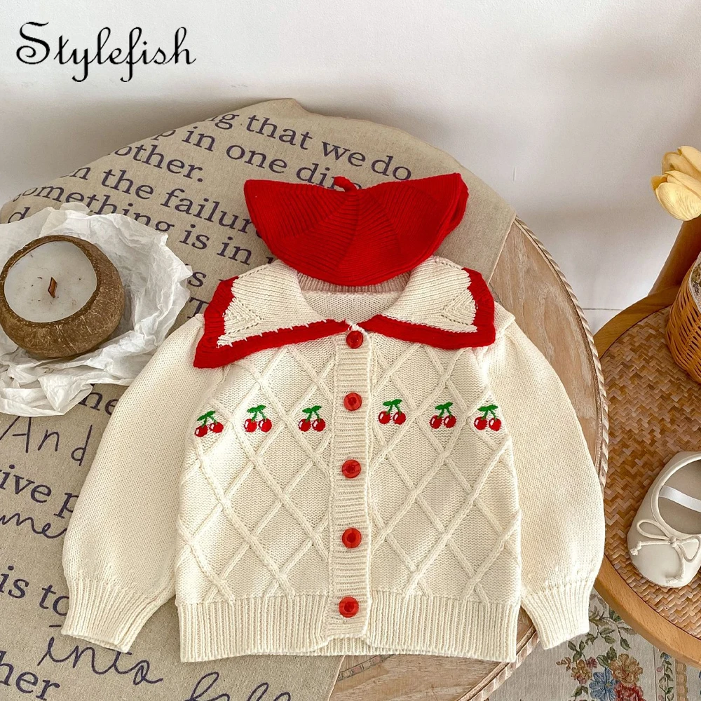 Spring and Autumn Versatile Girls, Babies, and Children's Polo Collar Cherry Embroidered Knitted Newborn Cardigan Coat